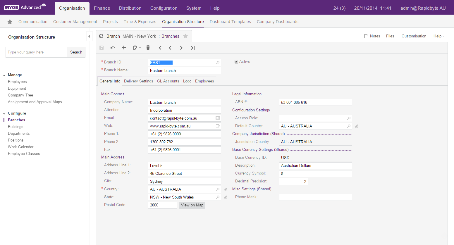 MYOB Advanced Plus Branches